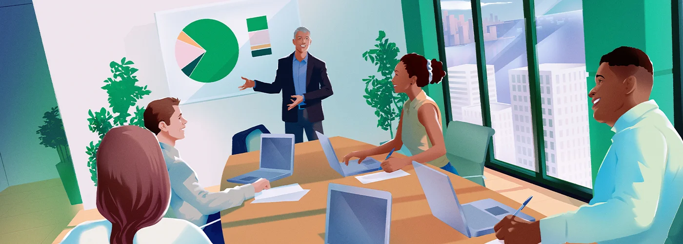 Ilustração de uma reunião coorporativa com gestor mostrando um gráfico.